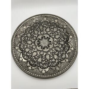 Vintage Persian Middle East Silver Metal Over Copper Engraved Plate 11.75 Inch